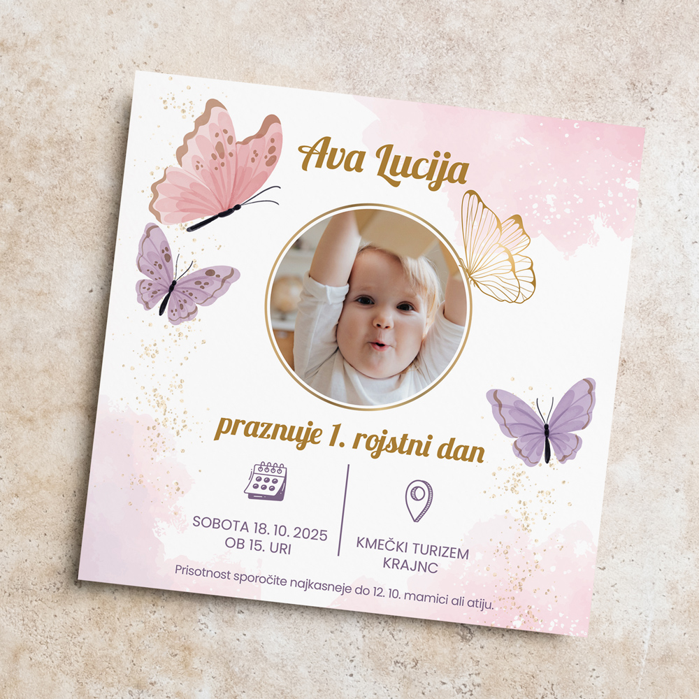 Vabilo za prvi rojstni dan: Metulji 2